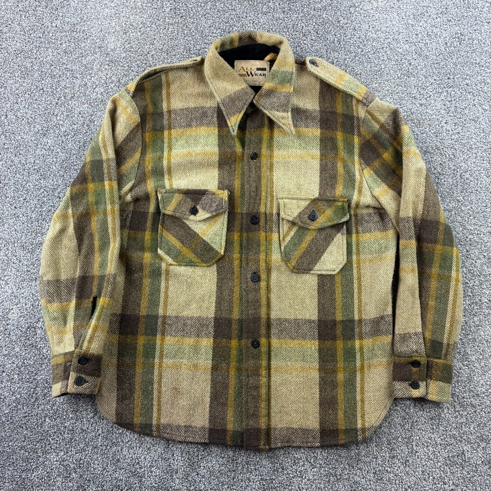 Vintage 60s All-Wear Flannel Shirt Mens Large Yellow Wool Linen Plaid Epaulets